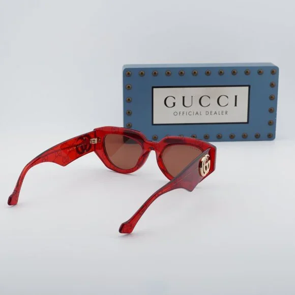 Gucci GG1421S 006 Geometric Sunglasses - Transparent Red 